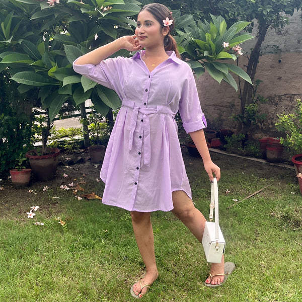 Lavender  Tie-Up Belt Summer Shirt Dress