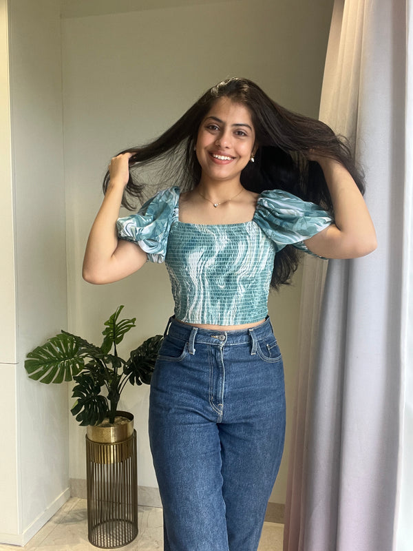Smocked Pattern Green Crop Top