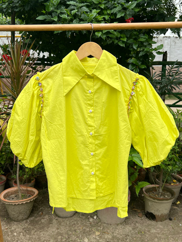 Yellow Balloon Sleeve Stone Detailing Shirt