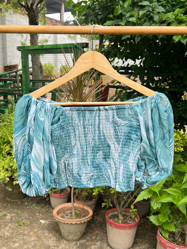 Smocked Pattern Green Crop Top
