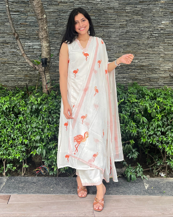 Flamingo Embroidered Pure Cotton 3-Piece Kurti Set