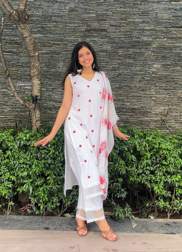 Gulzaar Red Rose Cotton 3-Piece Kurti Set