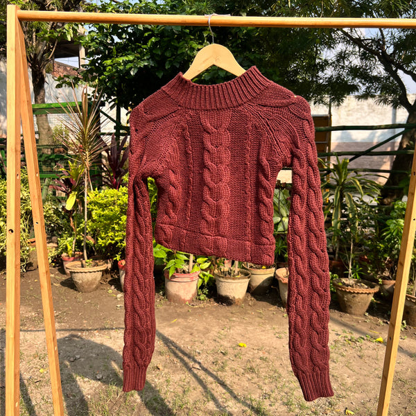 Classic Brown High-Neck Knitted Crop Sweater