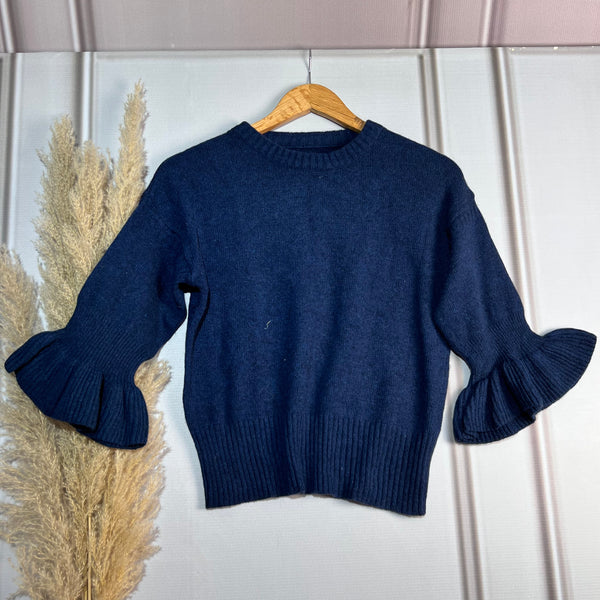 Bell Sleeve Navy Blue Round-Neck Sweater