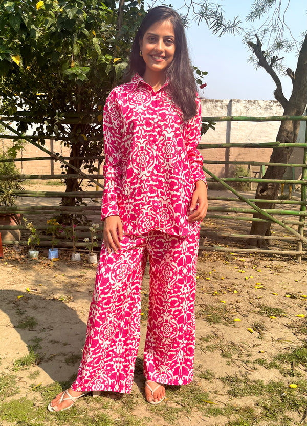 Floral Printed Pink Oversize Shirt With Pant Set