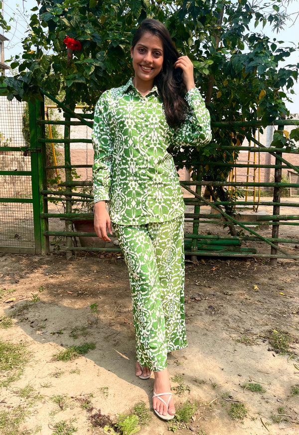 Floral Printed Green Oversize Shirt With Pant Set