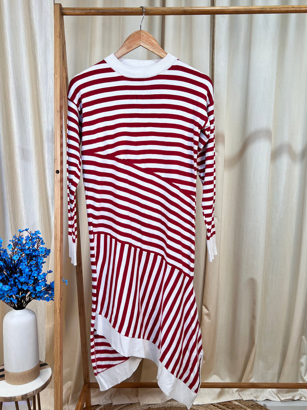 Retro Red High-Neck Stripe Dress