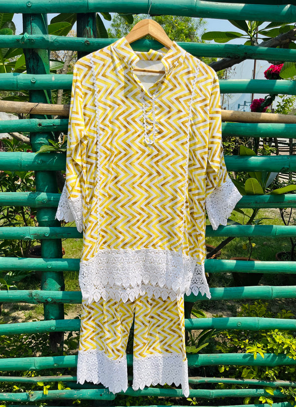 Zig-Zag Lacy Yellow Ethnic Short Kurti-Pant Set