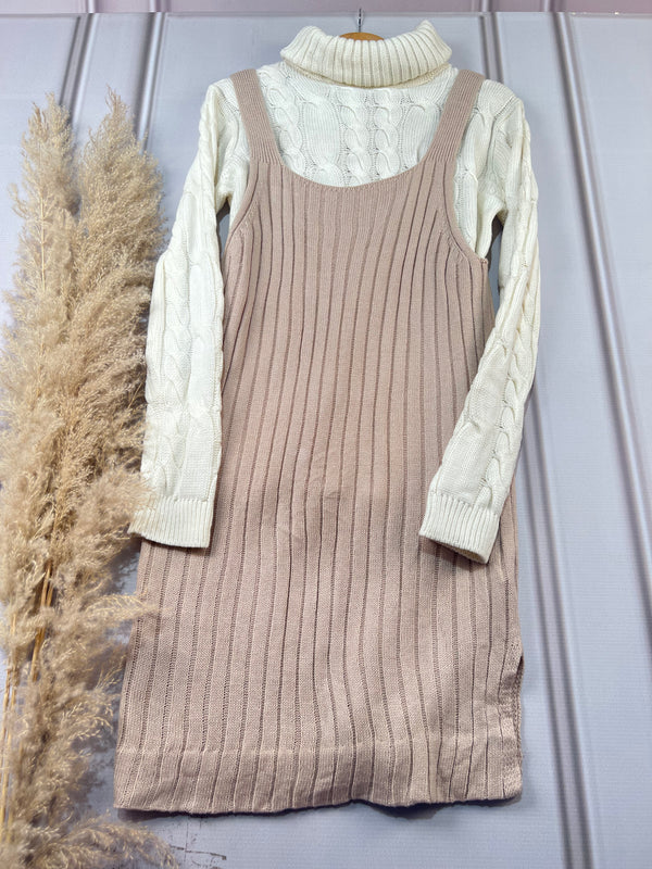 Cream Ribbed Strap Woollen Dress