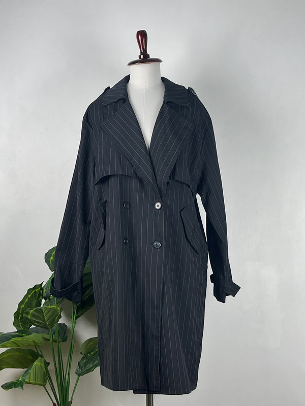 Retro Striped Black Trench Coat
