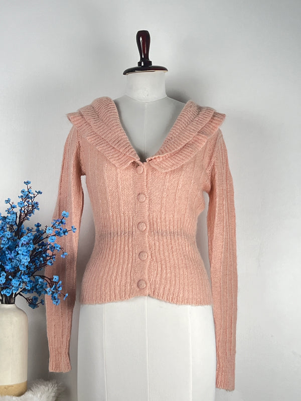 Stylish-Collared Pink Cardigan
