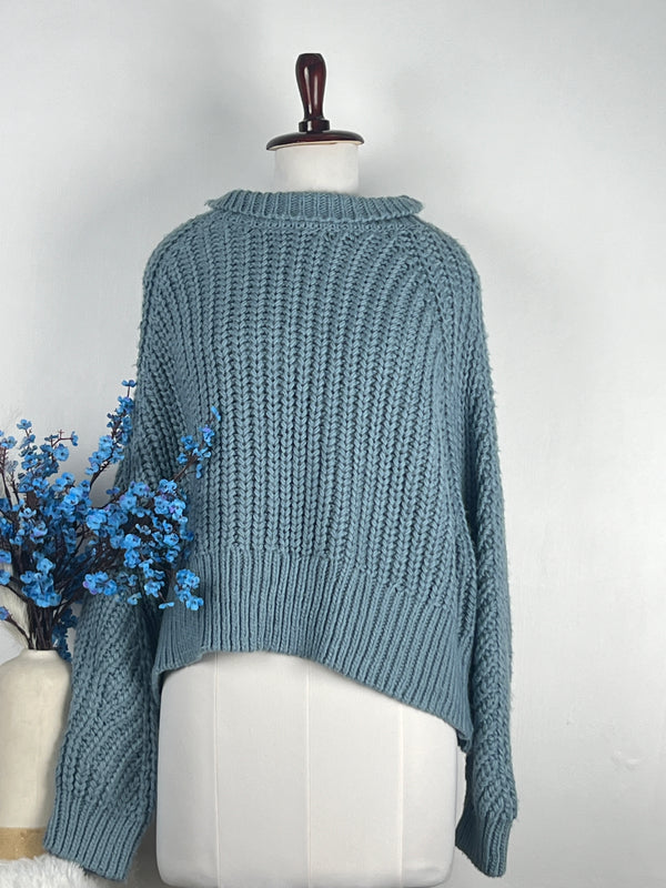 Turtle-Neck Blue Baggy-Fit Sweater