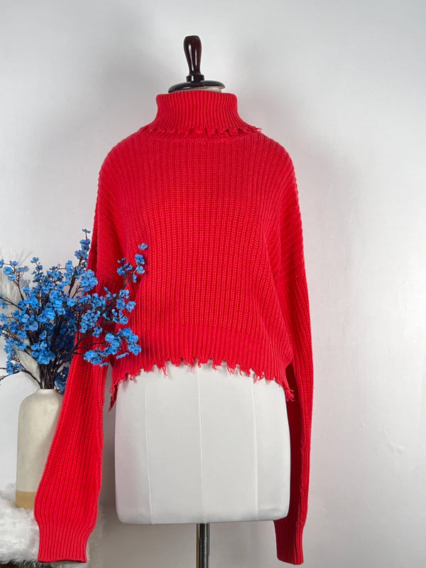 Turtle-Neck Red Baggy-Fit Sweater