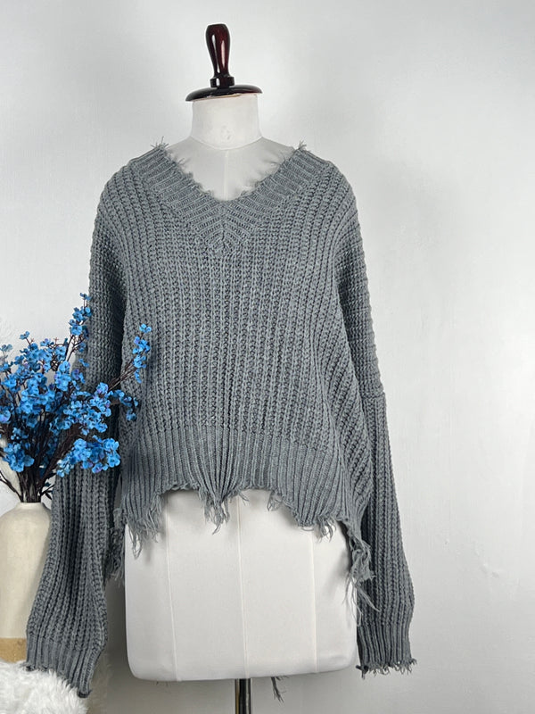 V-Neck Gray Baggy-Fit Sweater