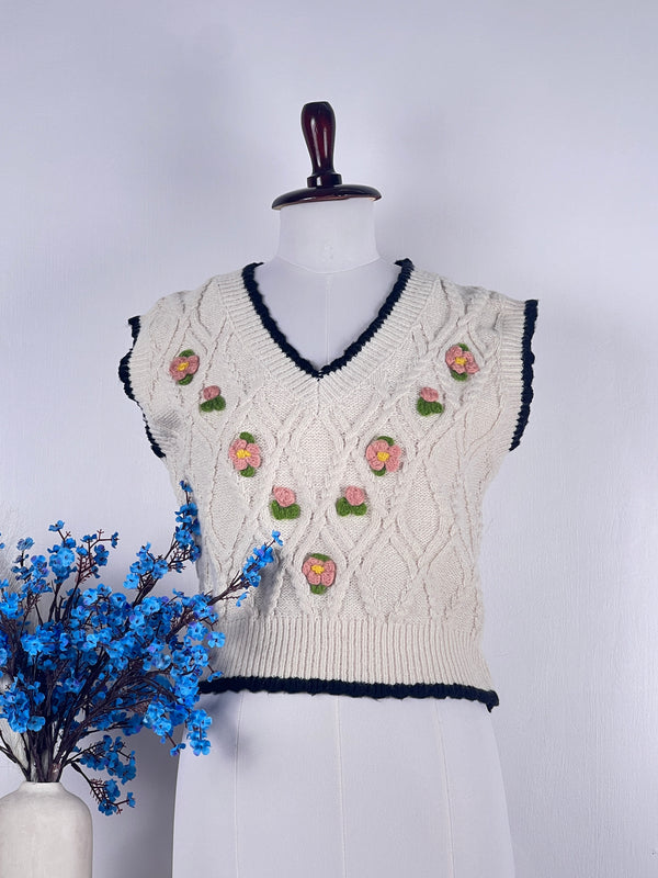 Rose-Threaded Cream Sweater-Vest