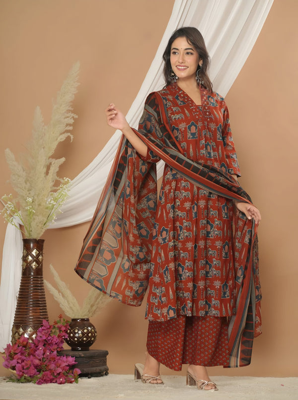 Jaipuri Block Print Pure Cotton 3-Piece Kurti Set