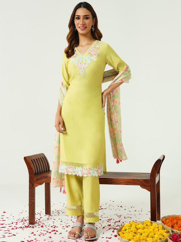 Zehra Pastel Blossom Chanderi 3-Piece Kurti Set