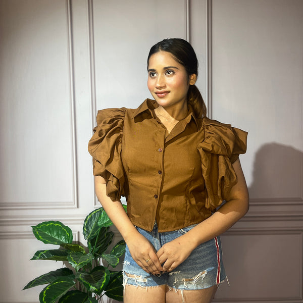 Statement Brown Ruffle Sleeve Shirt