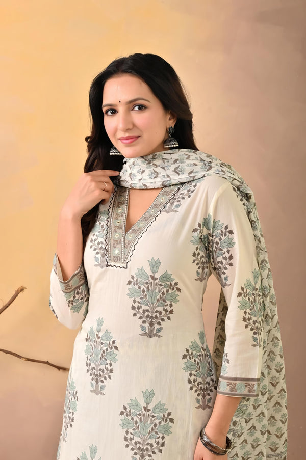 Mint Blossom Pure Cotton 3-Piece Kurti Set